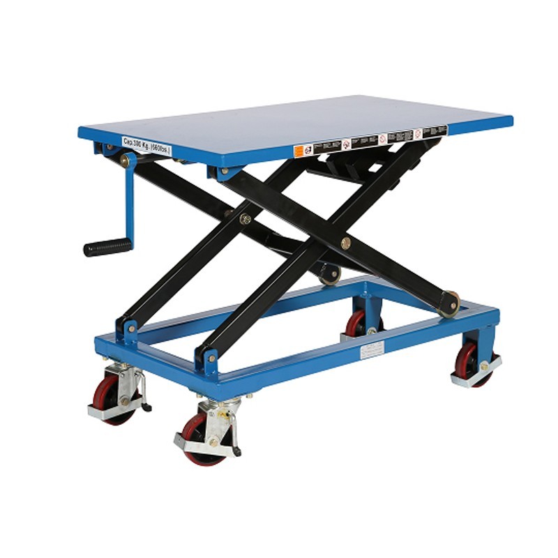 Vista general de la mesa elevadora con manivela azul 300kg