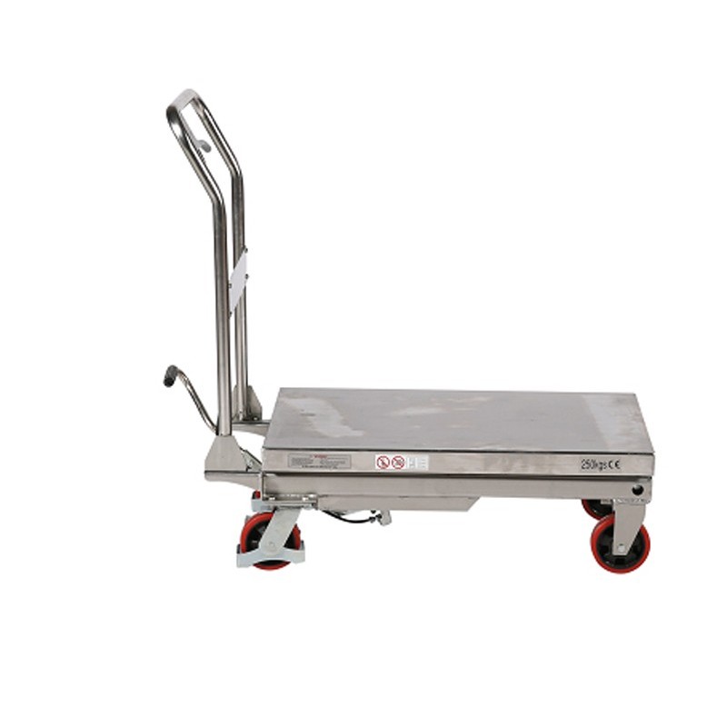 Vista de perfil de la mesa elevadora INOX 304 250kg plataforma baja