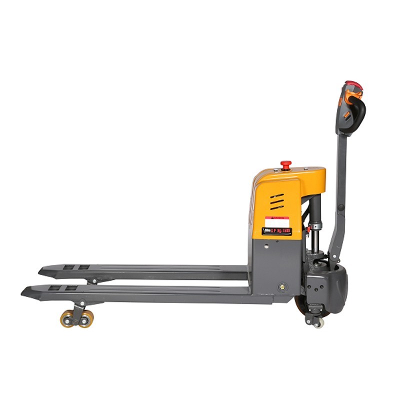 Transpaleta eléctrica vista de perfil con rodillos en posición de elevación