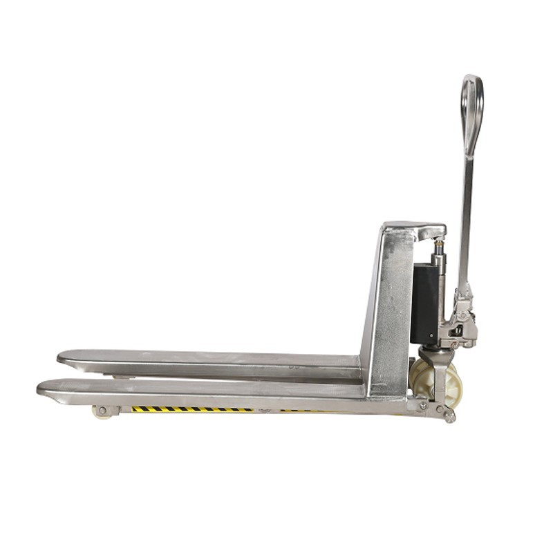 Vista de perfil de la transpaleta de gran elevación INOX 316 horquilla baja