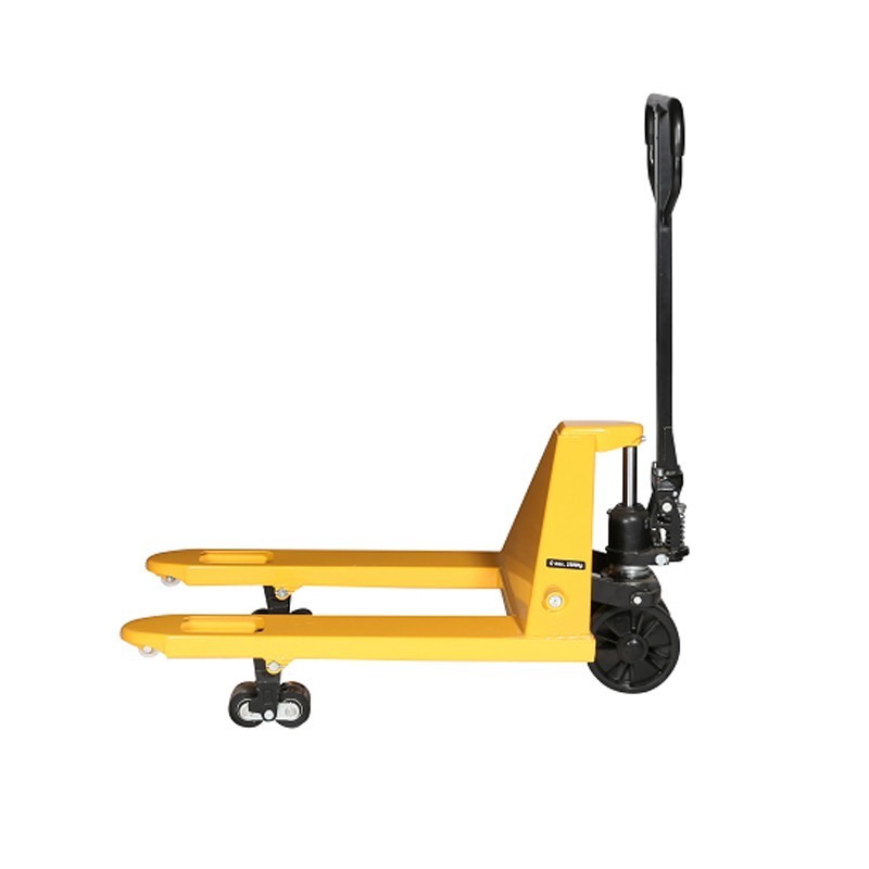 Vista de perfil de la transpaleta 2500kg horquillas ancha y corta