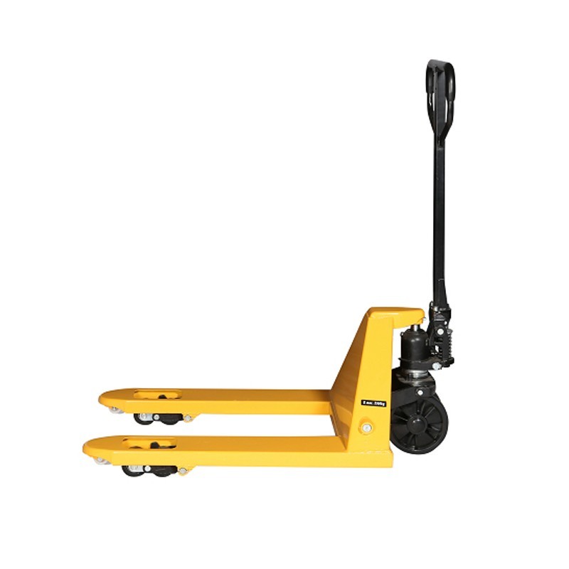 Transpaleta 2500kg horquillas ancha y corta vista de perfil