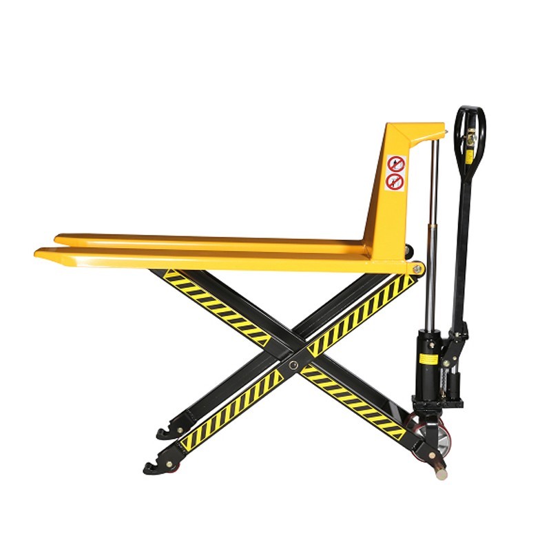 Vista de perfil de la transpaleta de gran elevación 1000kg horquilla alta