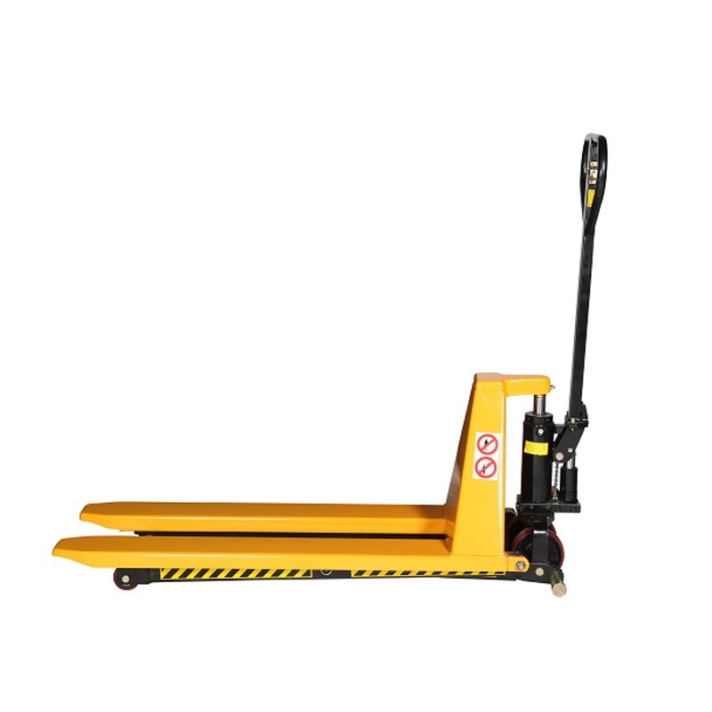 Vista de perfil de la transpaleta de gran elevación 1500kg horquilla baja