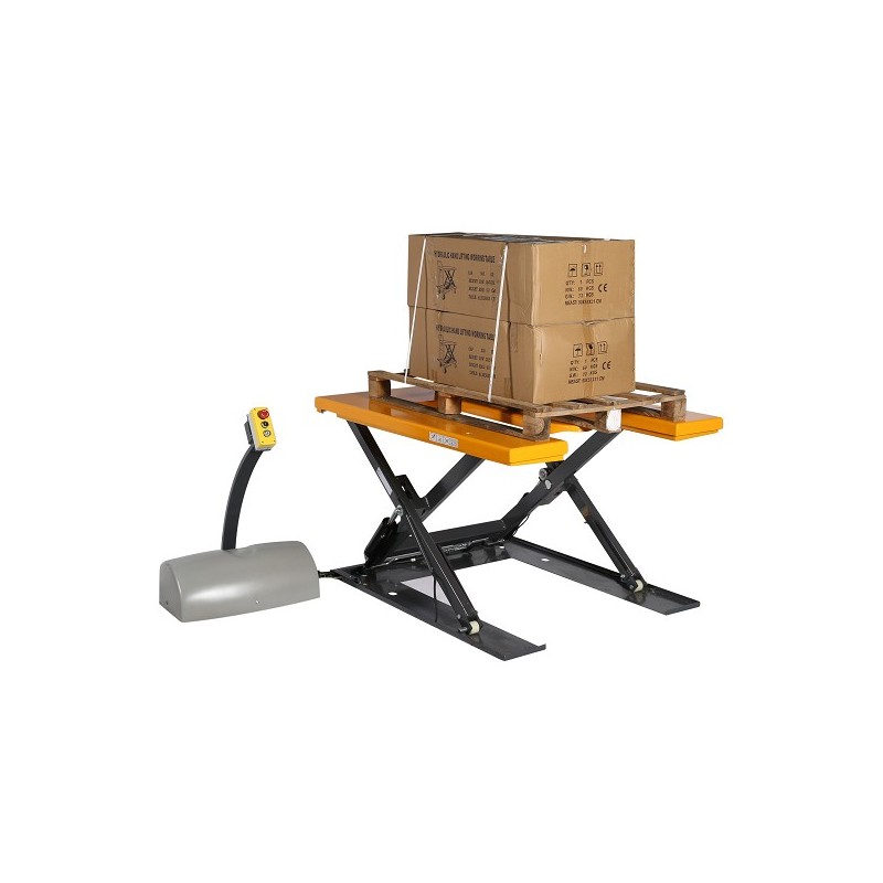 Mesa elevadora en E 1000kg plataforma alta con paleta y cartón