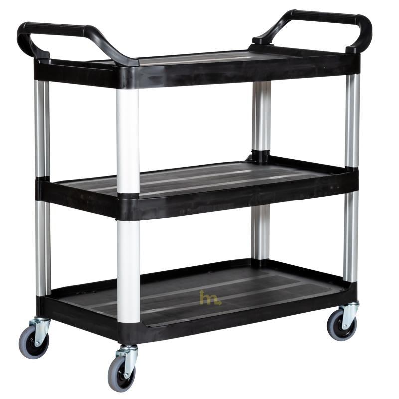 Vista desde 3/4 del Carrito de 3 bandejas de polipropileno H 1000 x l 510 x L 1040 mm.