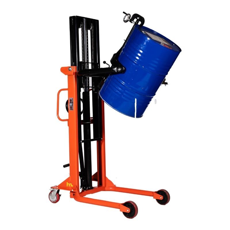 Vista trasera desde 3/4 del apilador volteador de barriles 350kg 2000mm