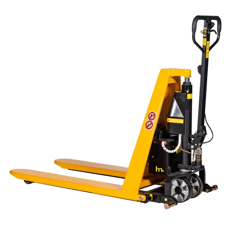 Vista delantera desde 3/4 de la Transpaleta Eléctrica Elevadora Capacidad 1500 Kg - 680 Mm De Ancho horquillas bajadas