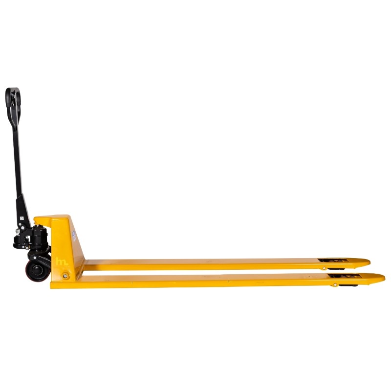 Vista de perfil de la Transpaleta manual 1500 kg perfil bajo 52 mm, horquillas 1800 mm con las horquillas bajadas