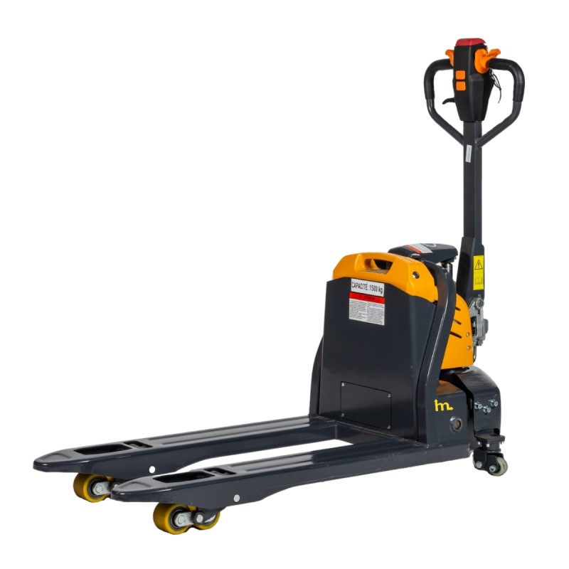 Vista trasera de 3/4 de la transpaleta eléctrica batería litio 30Ah horquillas 950mm