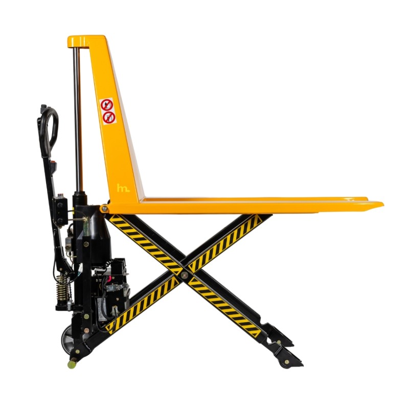 Vista de perfil de la transpaleta elevadora con nivel constante 1000kg monocilíndrica en posición alta