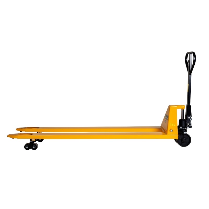 Vista de perfil de la Transpaleta manual 2000 kg - rodillo doble - Horquillas 2000 mm elevadas