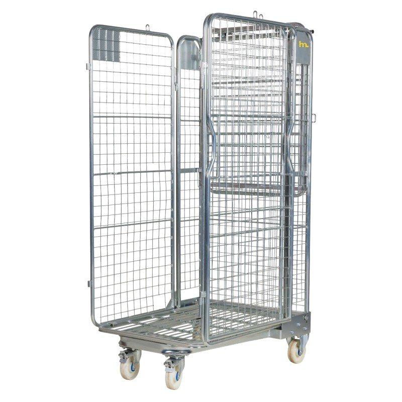 Roll container antirrobo 4 laterales con ruedas de nylon con puerta abierta, techo y estante plegados