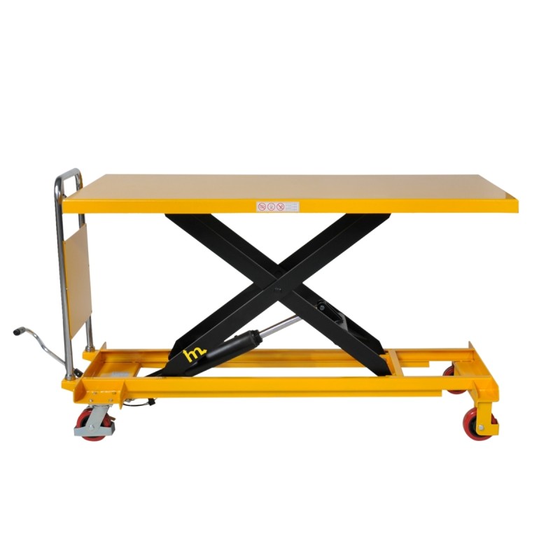 Vista de perfil de la Plataforma elevadora hidráulica 500 kg - 1600 X 810 MM completamente levantada