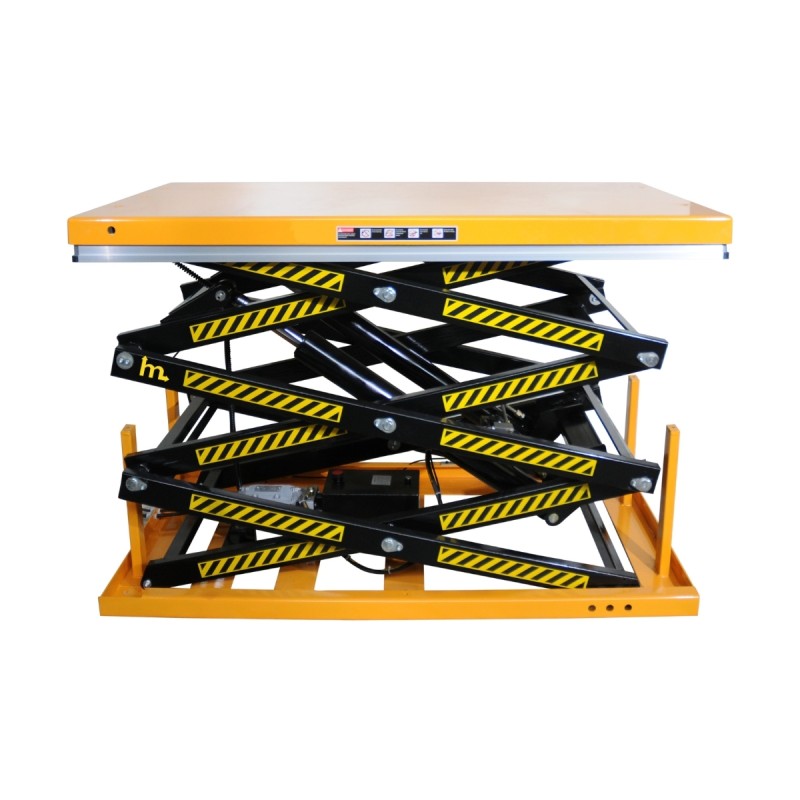 Vista general de la mesa elevadora eléctrica de tijera triple de 1000 kg en posición baja