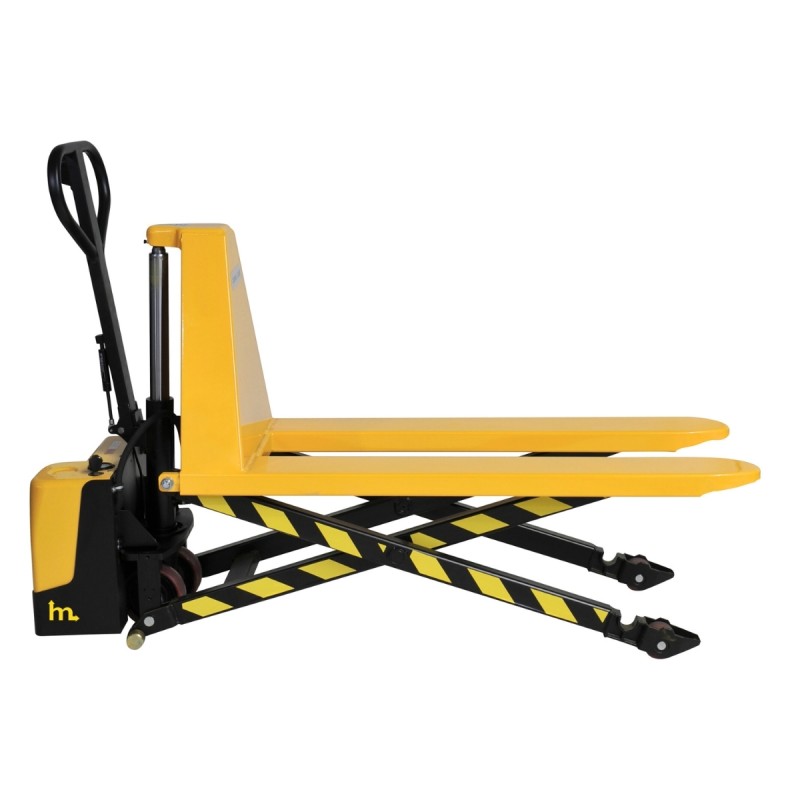 Vista de perfil de la Transpaleta elevadora eléctrica bicilíndrica Elevación 800 mm con las horquillas medio bajadas