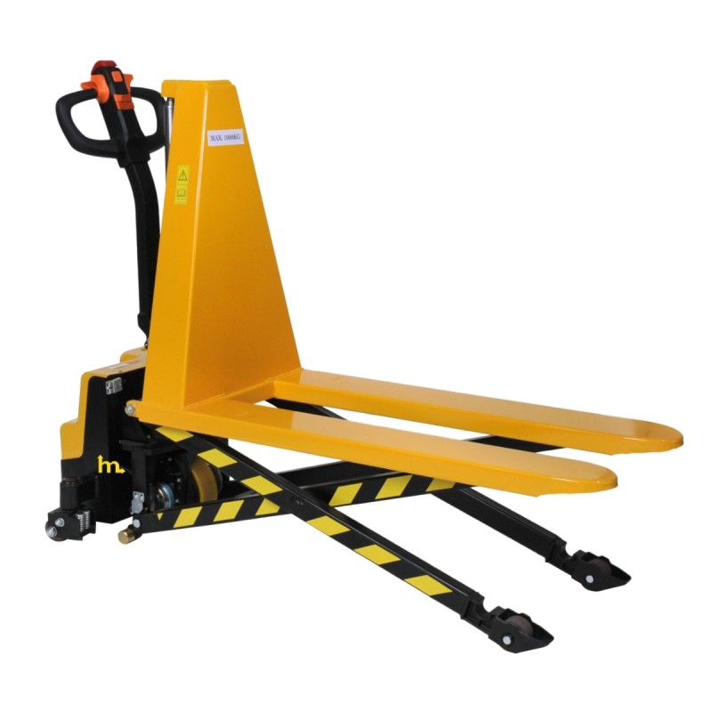 Vista 3/4 de la Transpaleta elevadora totalmente eléctrica monocilíndrica a media altura