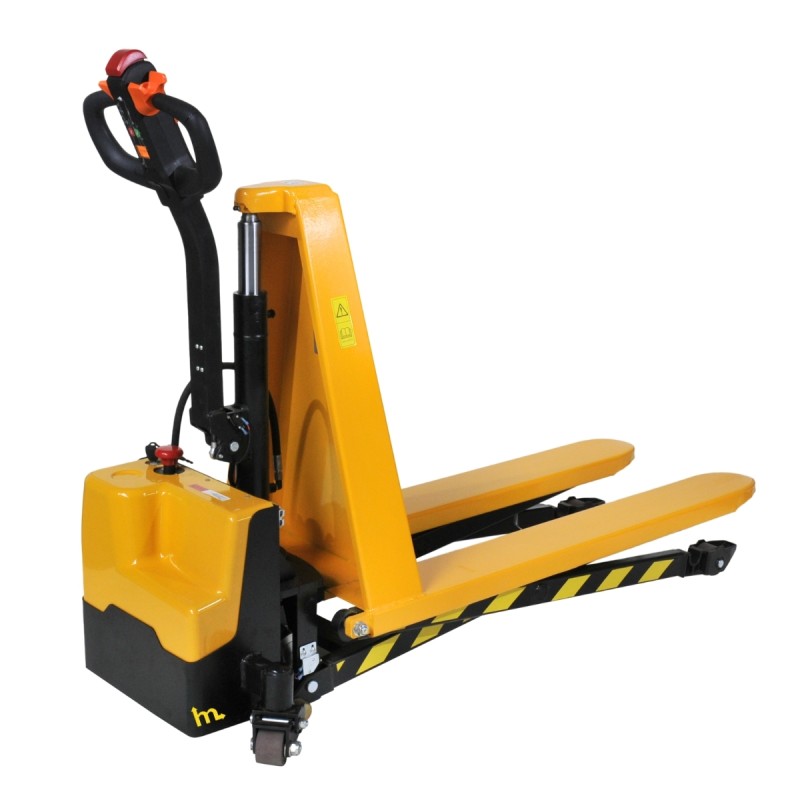 Vista trasera de la Transpaleta elevadora totalmente eléctrica monocilíndrica con las horquillas elevadas a baja altura