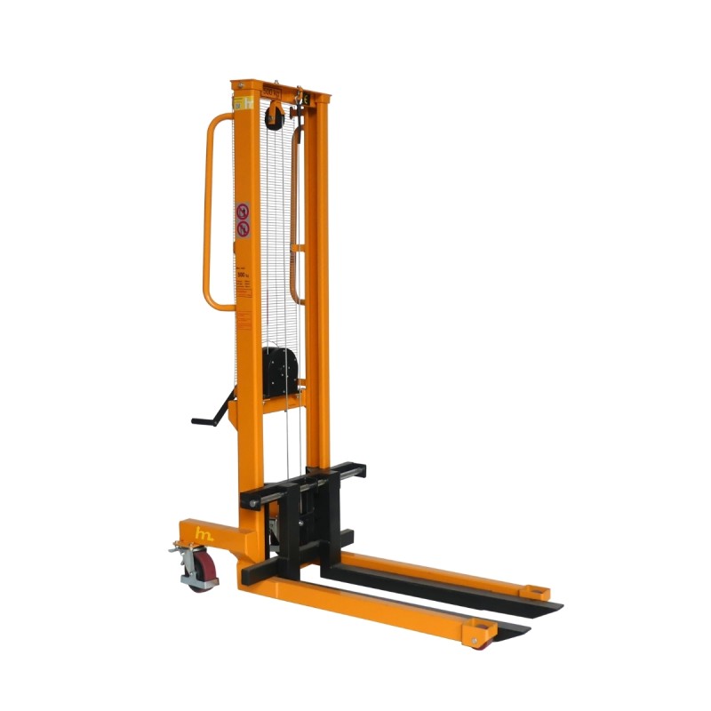 Vista trasera 3/4 del apilador manual con manivela 500 kg – Horquillas regulables - Elevación 1500 mm