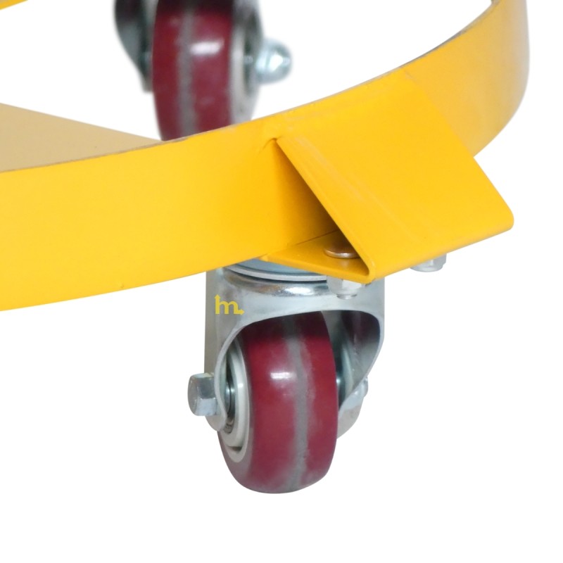 Vista de las ruedas del rodador para bidones 400 kg