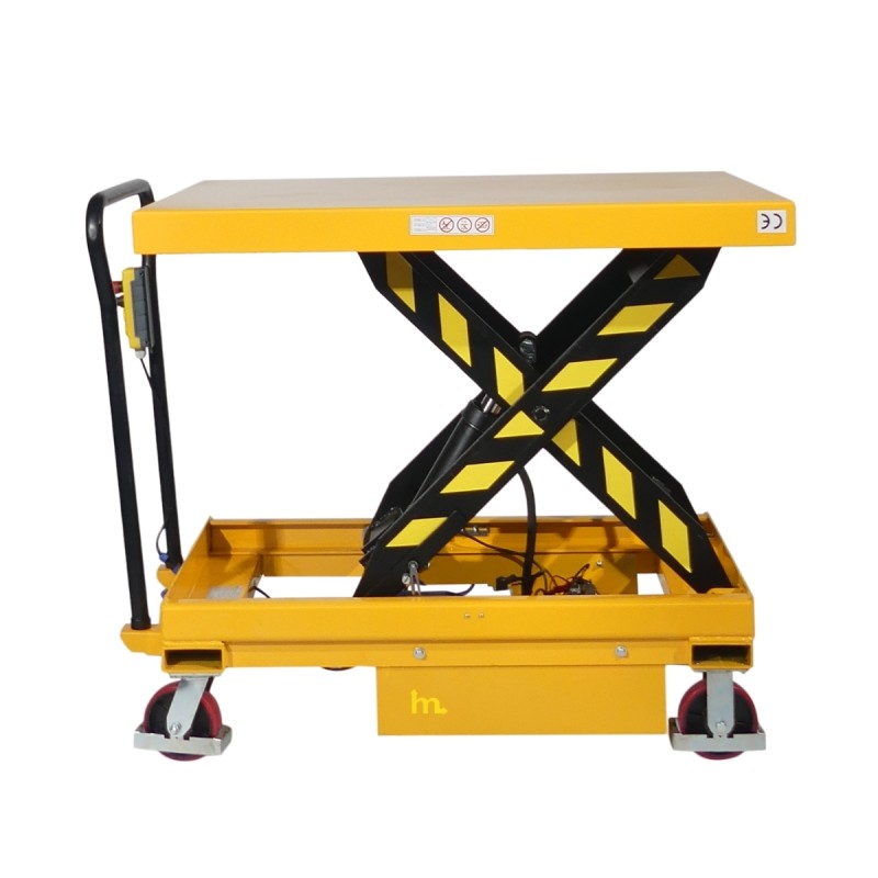 Vista lateral de la mesa elevadora móvil semieléctrica 1000 kg - plataforma: 1200 x 800 mm
