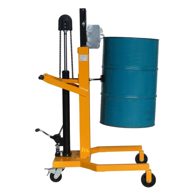 Vista lateral con barril del elevador de barriles hidráulico 450 kg
