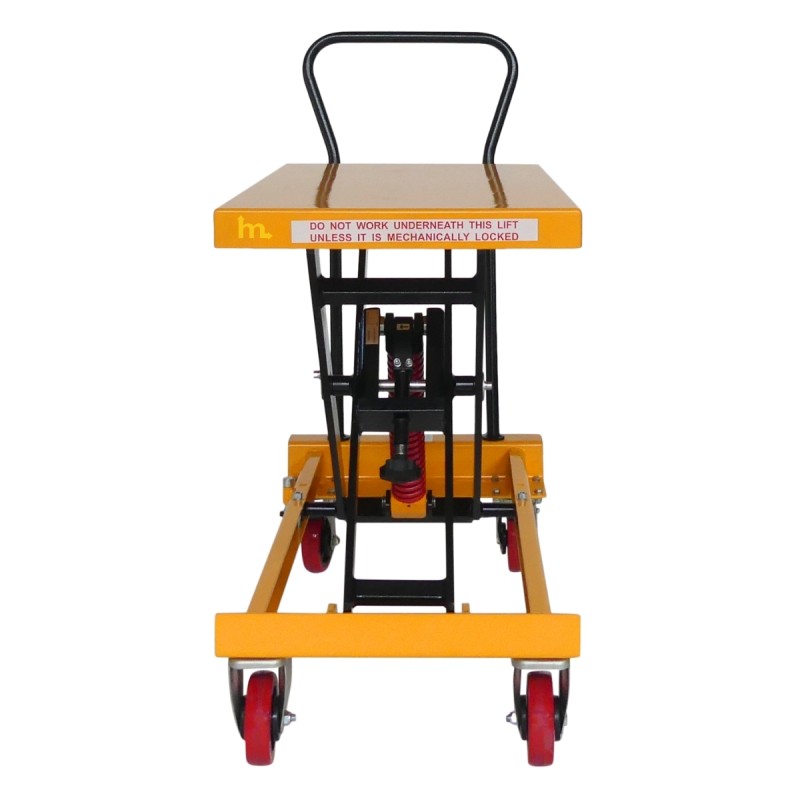 Vista frontal de la mesa elevadora manual con nivel constante 210 kg - Plataforma 815x500 mm