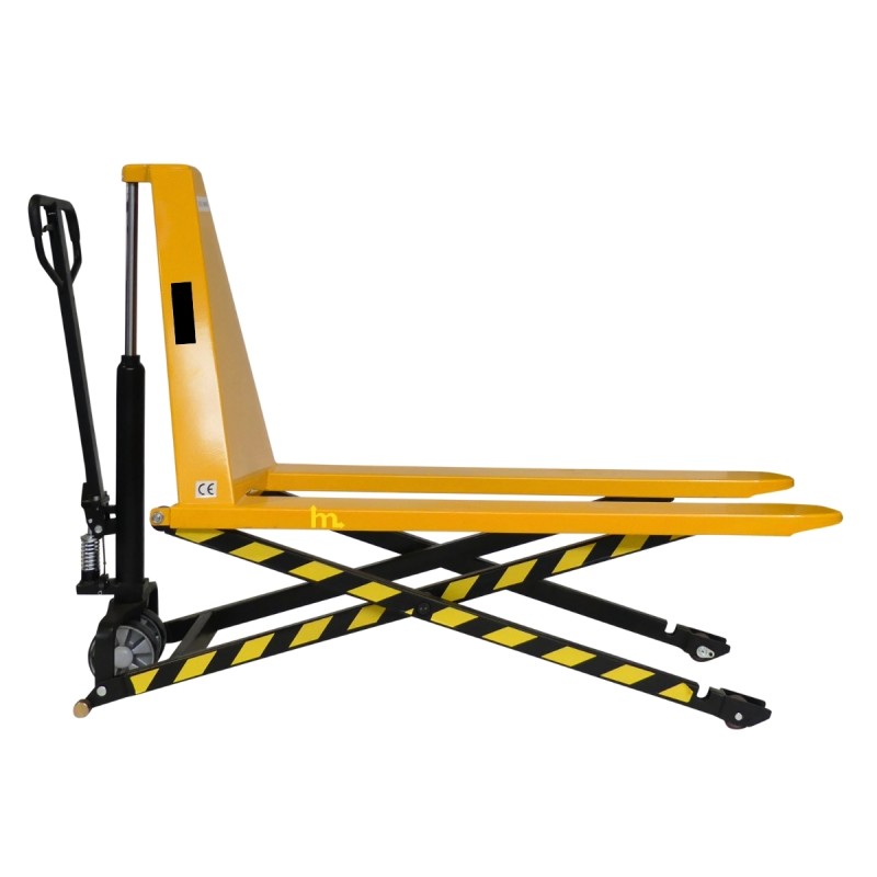 Vista de perfil de la transpaleta elevadora manual monocilíndrica 1000 kg - Horquillas largas 1500 mm