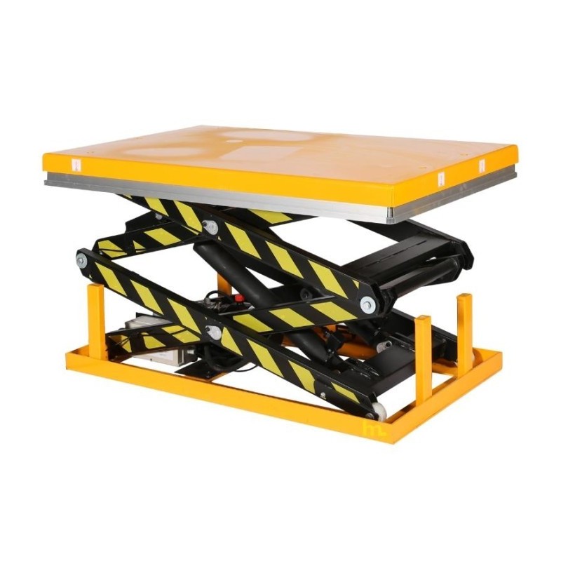 Vista 3/4 de la mesa elevadora eléctrica doble tijera 2000 kg - Plataforma 1300 x 850 mm (220V)