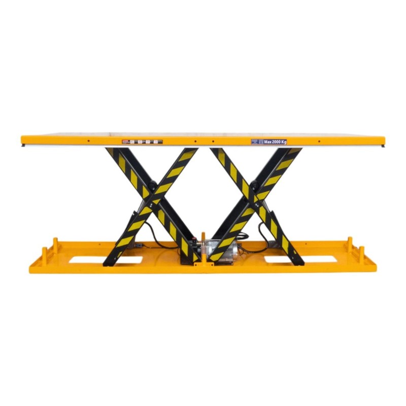 Vista frontal de la mesa elevadora eléctrica doble tijera horizontal 2000 kg - plataforma 2700 x 800 mm