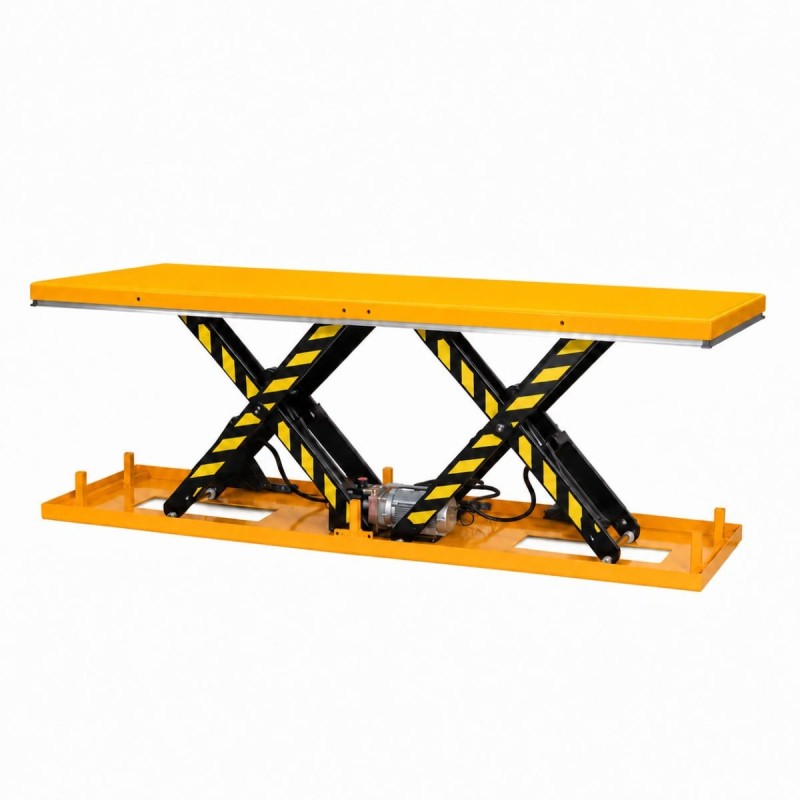 Vista 3/4 de la mesa elevadora eléctrica doble tijera horizontal 2000 kg - plataforma 2700 x 800 mm