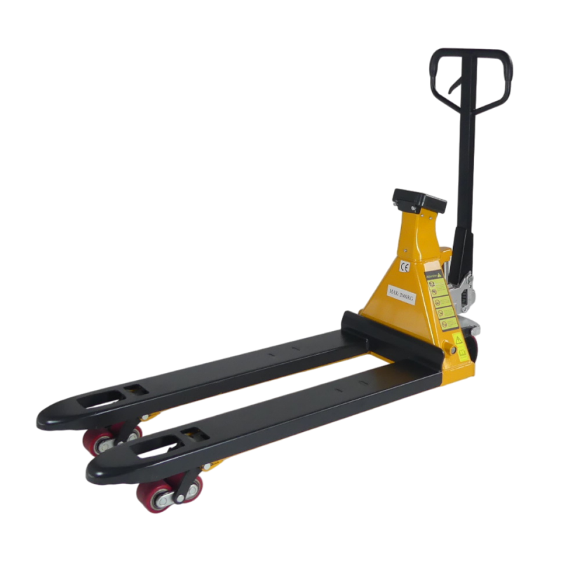 Vista 3/4 de la transpaleta pesadora 2000 kg Pantalla impermeable Precisión 0,1% con batería
